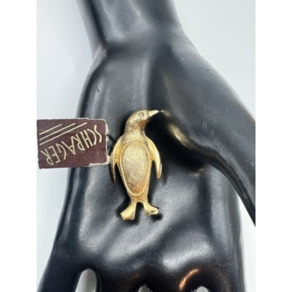 Vtg Schrager Penguin Brooch with Original Tag Rare 1950s Animal Jewelry GoldTone
